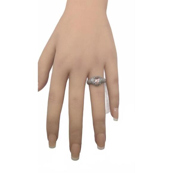 Elegant Silver Ring with Pink Gemstone and Pavé Accent Stones Size 7 - Picture 8 of 9